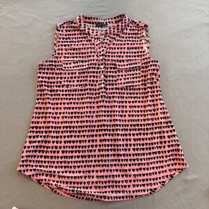 Ava & Grace Pink Black Heart Print Sleeveless Button Front Blouse Medium